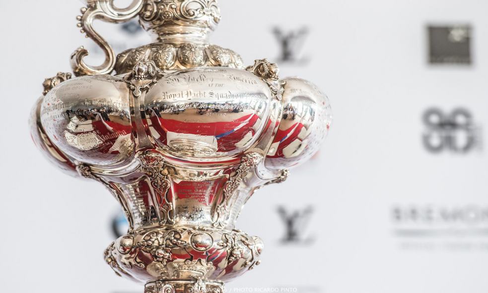 The Louis Vuitton Cup Trophy is displayed during a news conference